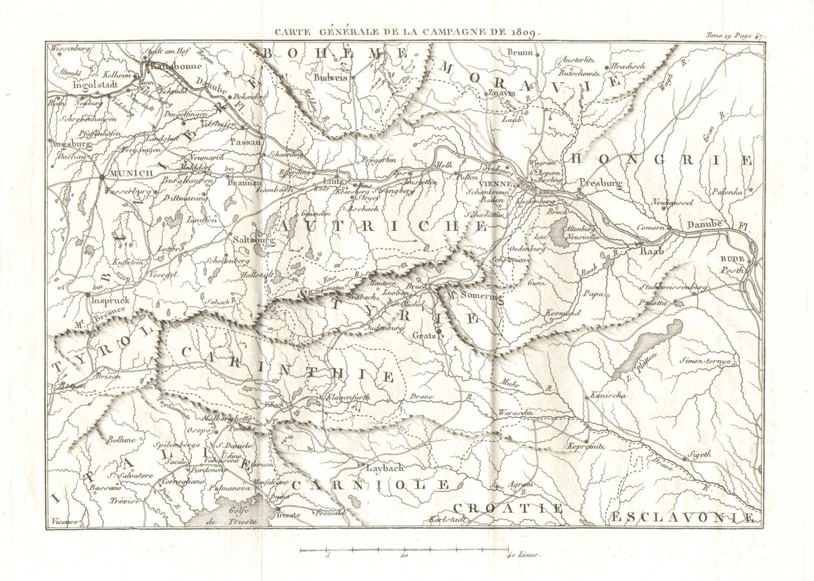 Map of the 1809 Campaign. War of the Fifth Coalition. Austria Hungary 1820